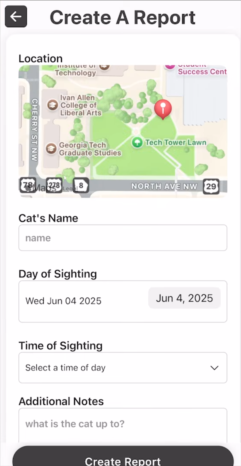 Creating a cat sighting report