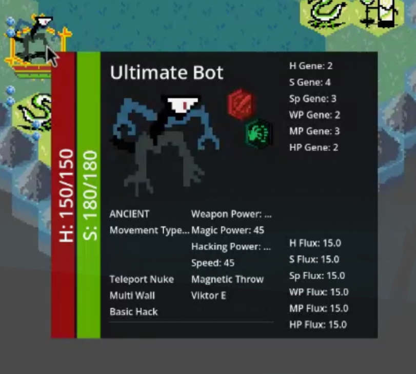 Unit info panel with stats, genes, and abilities